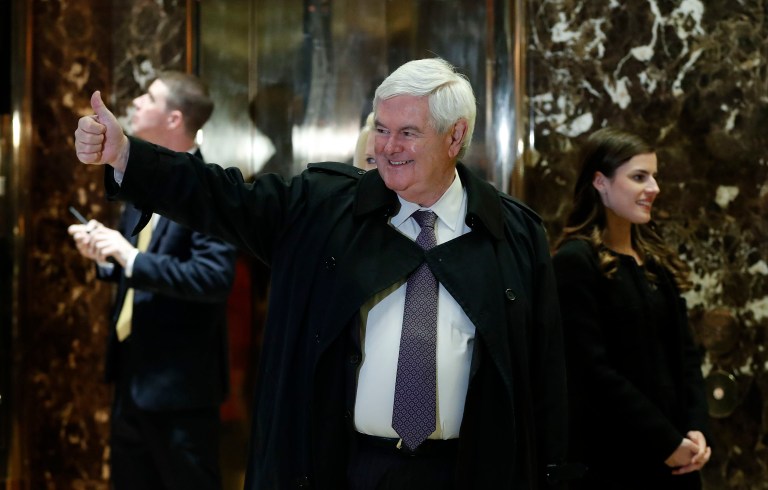 Upon leaving Trump Tower after meeting with President-elect Trump on Monday, Newt Gingrich was asked by reporters what he thought of Mitt Romney, the 2012 presidential nominee. (AP Photo/Carolyn Kaster)