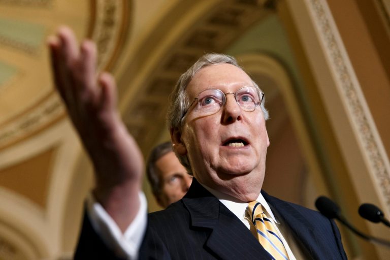 Senate Minority Leader Mitch McConnell of Ky., and GOP lawmakers speak to reporters on Capitol Hill in Washington, Tuesday, June 3, 2014, following a Republican caucus meeting. (AP Photo/J. Scott Applewhite)