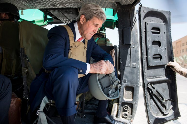 Secretary of State John Kerry arrives in Baghdad, Iraq, Wednesday. (AP/Brendan Smialowski)