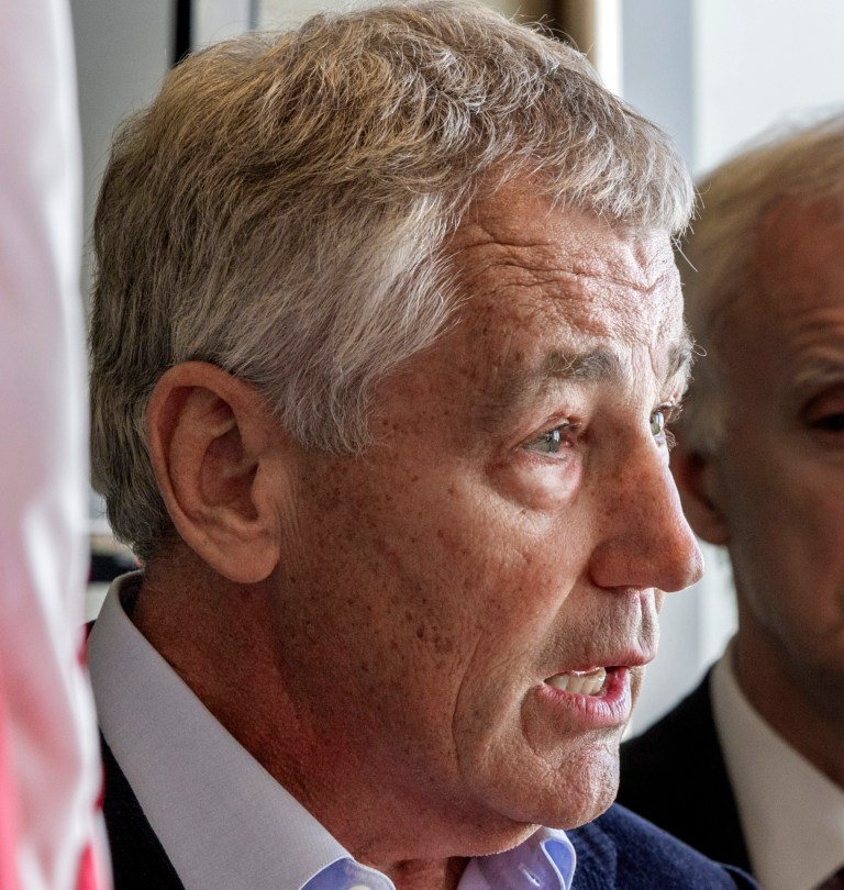   FILE - This Nov. 1, 2012, file photo shows former Nebraska Republican Sen. Chuck Hagel speaking in Omaha, Neb. President Barack Obama's possible pick of Republican Chuck Hagel to run the Pentagon raises serious concerns among some of his former Senate colleagues, who question his pronouncements on Iraq, Israel and the Middle East. The reservations publicly expressed by a few Republicans and even a Democrat hardly rival the unyielding GOP objections to U.N. Ambassador Susan Rice, who withdrew from consideration last week for secretary of state in the face of relentless attacks mostly over her public statements about the Sept. 11 assault on the diplomatic mission in Benghazi, Libya. (AP Photo/Nati Harnik, File)  