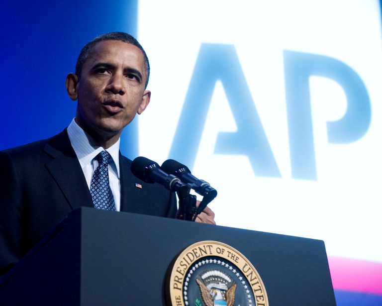WASHINGTON - APRIL 3:  U.S. President Barack Obama speaks at the Associated Press luncheon during the American Society of News Editors (ASNE) Convention at the Washington Marriott Wardman Park Hotel April 3, 2012in Washington, D.C.  Obama criticized the Republican budget proposal during his remarks.  (Photo by Ron Sachs-Pool/Getty Images)