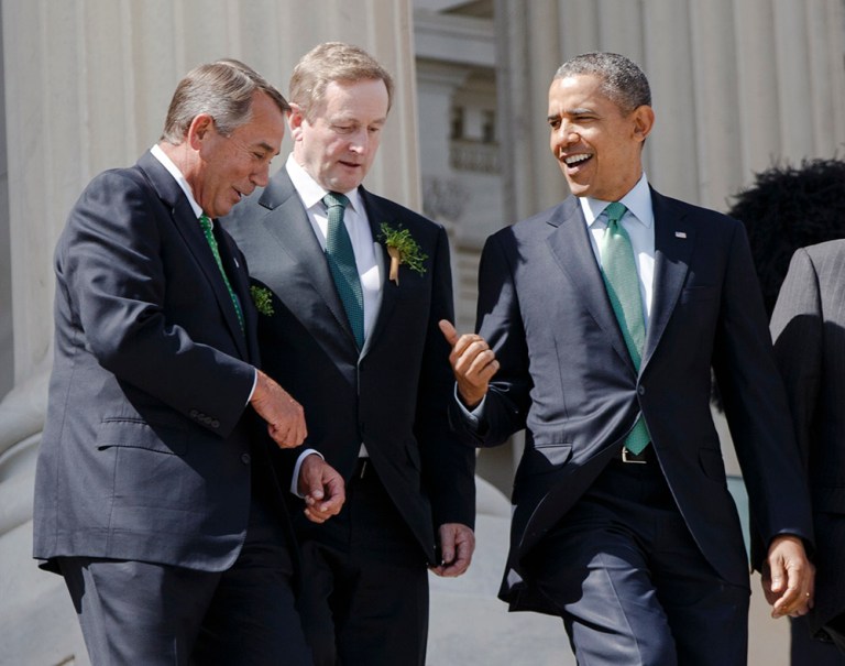 From left, former Speaker of the House John Boehner, PM Enda Kenny of Ireland, and President Obama, following a St. Patricks Day in 2014. Kenny said Boehner always used to broach the sensitive topic of immigration first. (AP Photo/J. Scott Applewhite)