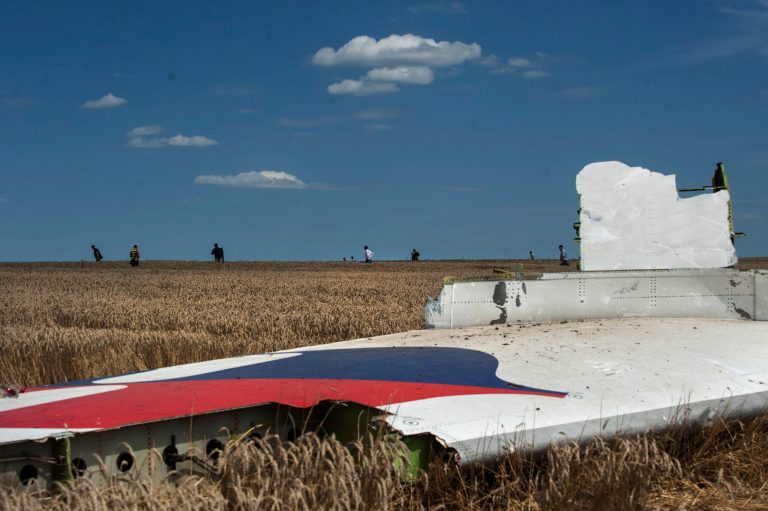 A piece of the crashed Malaysia Airlines Flight 17 lies in the grass near the village of Hrabove, eastern Ukraine, Sunday, July 20, 2014. Rebels in eastern Ukraine took control Sunday of the bodies recovered from downed Malaysia Airlines Flight 17, and the U.S. and European leaders demanded that Russian President Vladimir Putin make sure rebels give international investigators full access to the crash site.(AP Photo/Evgeniy Maloletka)