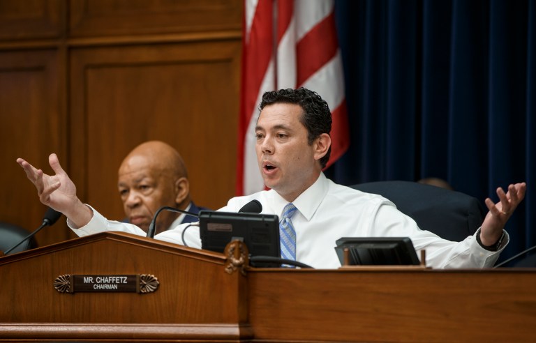 As lawmakers pressed FBI Director James Comey to explain his agency's investigation, some social media users pointed to an old ABC News story showing Rep. Jason Chaffetz owns business cards listing his personal Gmail address. (AP Photo/J. Scott Applewhite)