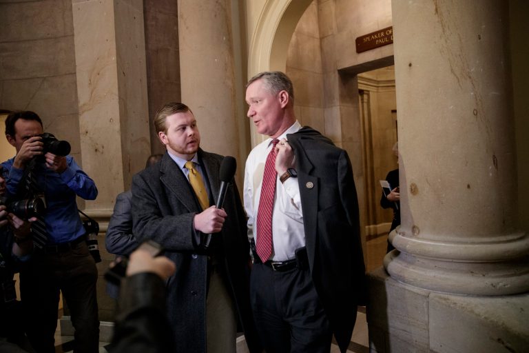Rep. Steve Stivers, R-Ohio, talks to a reporters as he leaves the office of House Speaker Paul Ryan on Capitol Hill in Washington, Thursday, March 23, 2017. (AP Photo/J. Scott Applewhite)