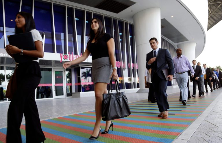 Job applicants arrives for an internship job fair held by the Miami Marlins, at Marlins Park in Miami. ( AP/Lynne Sladky)