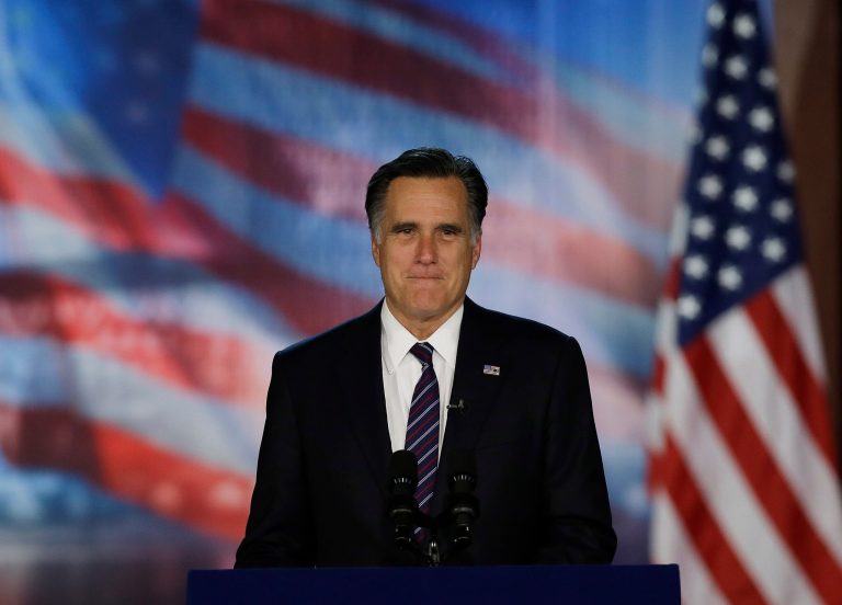 Republican presidential candidate and former Massachusetts Gov. Mitt Romney arrives to his election night rally, Wednesday, Nov. 7, 2012, in Boston. President Obama defeated Republican challenger former Massachusetts Gov. Mitt Romney. (AP Photo/Elise Amendola)