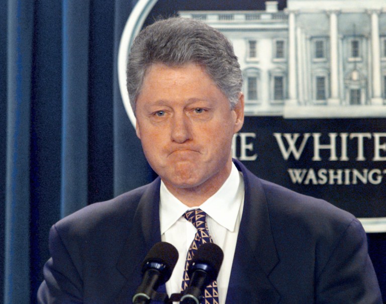 FILE - This Jan. 18, 1996 file photo shows President Bill Clinton meets reporters in the briefing room of the White House in Washington. Former President Bill Clinton mused that congressional Republicans wanted to abolish a federal agency because it was headed by a black man, and his administration voiced concerns about the mass killings in Rwanda, according to a new batch of records released Friday. Documents show that during a practice session for his 1996 State of the Union speech, Clinton unloaded on GOP lawmakers who wanted to kill the Commerce Department. Clinton suggested they wanted to get rid of the department because the late Commerce Secretary Ron Brown did a better job than corporate executives who had served. (AP Photo/Doug Mills, File)