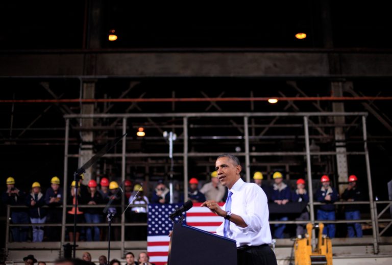 In this Nov. 14, 2013, file photo, President Obama speaks at ArcelorMittal, a steel mill in Cleveland. The Commerce Department released its third-quarter growth rate Dec. 20 and found The t.S. economy grew at a solid 4.1 percent annual rate from July through September, the fastest pace since late 2011 and significantly higher than previously believed. (AP Photo/Pablo Martinez Monsivais, File)
