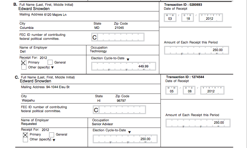 FEC records show that Edward Snowden donated to Ron Paul