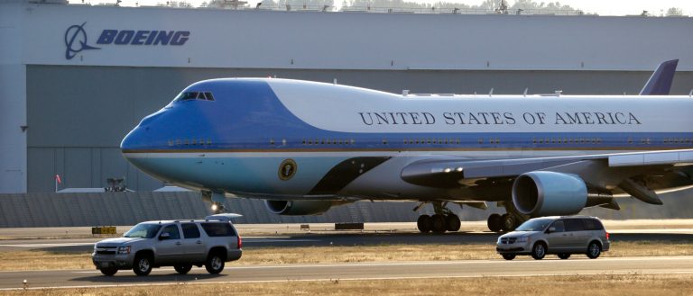 Air Force One, carrying President Obama, passes a Boeing building while taxiing to take off Tuesday, July 22, 2014, from King County International Airport in Seattle. (AP Photo)