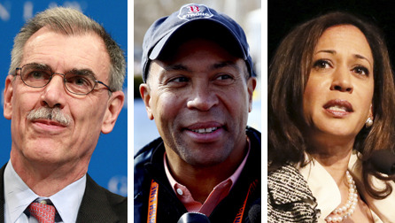 From left, Solicitor General Donald Verrilli, Massachusetts Gov. Deval Patrick and California Attorney General Kamala Harris are all considered potential nominees for attorney general. (Wire photos)