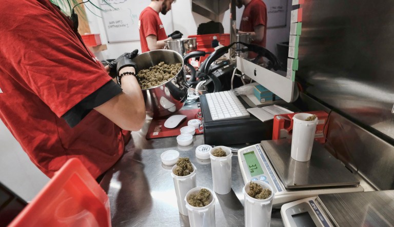 A bud tender prepares marijuana for a customer at Med Men a dispensary in West Hollywood, Calif. (AP Photo/Richard Vogel)