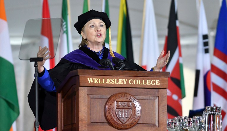 Former Secretary of State Hillary Clinton delivered the commencement address at Wellesley College, in Wellesley, Mass. Clinton graduated from the school in 1969. (AP Photo/Josh Reynolds)