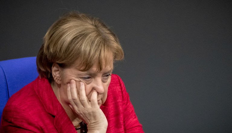For a dozen years, European elites have regarded German Chancellor Angela Merkel as a rock solid firmament of good sense. Her failure to win big in the Sept. 24 elections, though, could be a sign that Merkel's footing might not be so sound. (Michael Kappeler/dpa via AP)