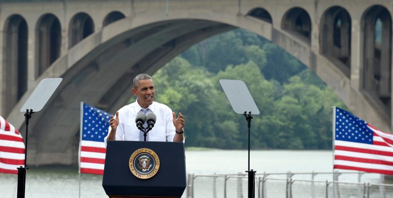 President Obama speaks about the economy and transportation, Tuesday, at Georgetown Waterfront Park in Washington. The president said 700,000 jobs could be at risk next year if Congress doesn't quickly agree on how to pay for highway and transit programs. (AP Photo/Susan Walsh)