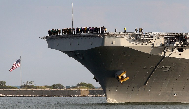 The ships were originally headed to assist in relief operations in Texas after Hurricane Harvey, but will now stay off the east coast of Florida, awaiting orders. (Rob Ostermaier/The Daily Press via AP)