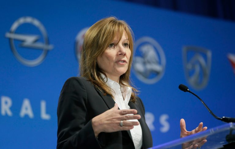 General Motors CEO Mary Barra addresses the Global Business Conference for investors in Milford, Mich., Wednesday, Oct. 1, 2014. Barra says the company has enough parts available to fix all the faulty ignition switches that are blamed for at least 23 deaths nationwide. (AP Photo/Carlos Osorio)