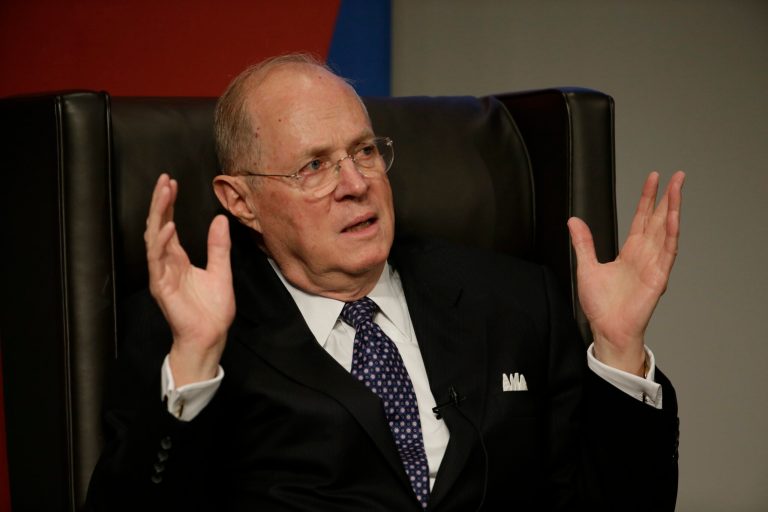 FILE - In this Oct. 3, 2013, file photo, Supreme Court Justice Anthony Kennedy speaks to faculty members at the University of Pennsylvania law school in Philadelphia. The pro-gay rights rulings of Supreme Court Justice Anthony Kennedy have been a key spark in the march toward legalized gay marriage. To counter the trend, same-sex marriage opponents now are seizing upon other opinions by Kennedy himself. (AP Photo/Matt Slocum, File)