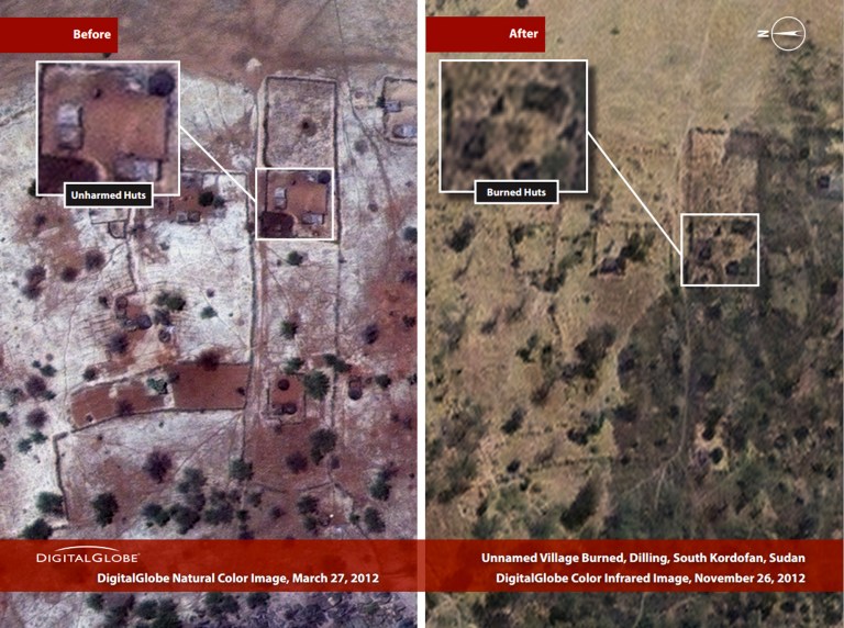   This combination satellite image taken by DigitalGlobe and released Thursday, Dec. 6, 2012 by the Enough Project, is claimed by the Satellite Sentinel Project to show before and after imagery taken March 27, 2012, left, and Nov. 26, 2012, right, of a burned village near Dilling in the South Kordofan region of Sudan. George Clooney, through the Satellite Sentinel Project which he helped found, said Thursday that satellite imagery shows that 26 villages, food crops and grasslands were intentionally burned in a 54-square-mile (140-square-kilometer) area of the Nuba Mountains of Sudan in November 2012. (AP Photo/DigitalGlobe via Enough Project)  