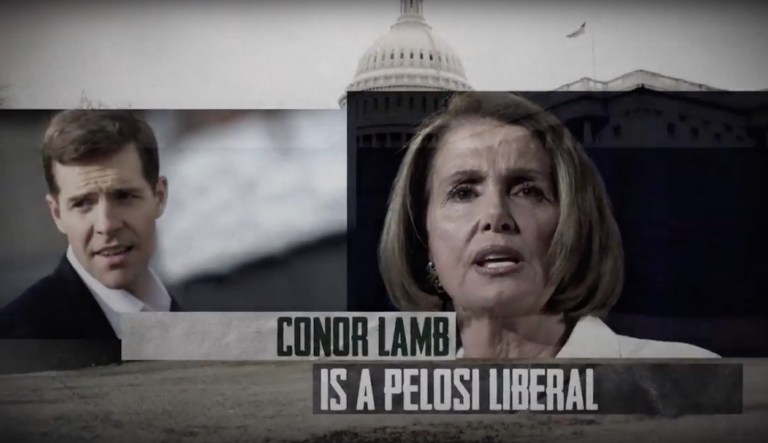 A Congressional Leadership Fund ad attacking Conor Lamb ties the Democratic candidate in the special election for Pennsylvania's 18th Congressional District to House Minority Leader Nancy Pelosi, D-Calif. (screenshot)