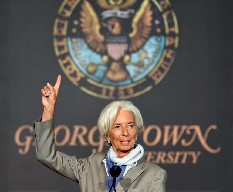 International Monetary Fund (IMF) Managing Director Christine Lagarde speaks on 
