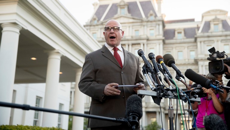 National security adviser H.R. McMaster speaks to members of the media outside the West Wing of the White House. (AP Photo/Andrew Harnik)