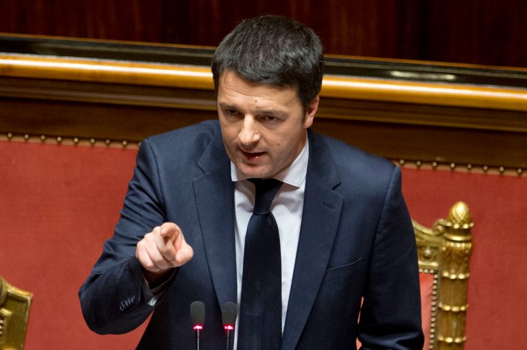 Premier Matteo Renzi delivers his speech prior to a confidence vote, at the Senate, in Rome, Monday, Feb. 24, 2014. Renzi, Italy's youngest premier, is heading a new government he says promises will swiftly tackle old problems.(AP Photo/Andrew Medichini)
