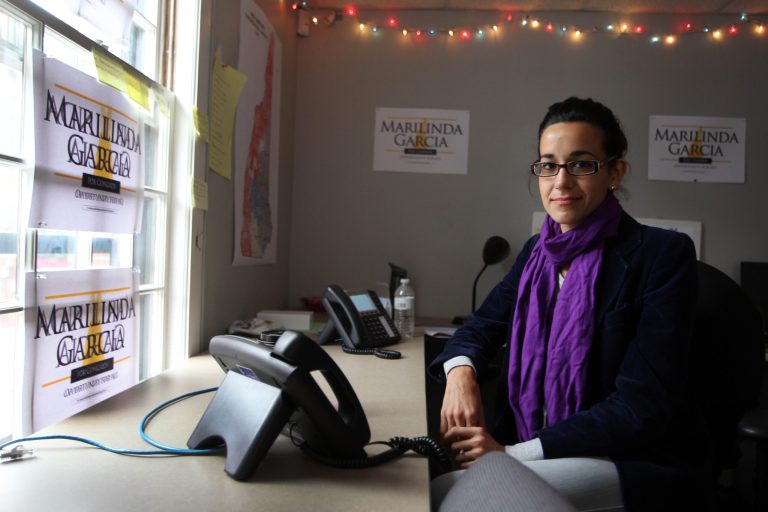 Marilinda Garcia poses for a photo in her office Wednesday, Sept. 10, 2014, in Concord, N.H. Garcia is trying to unseat U.S. Rep. Ann Kuster, D-N.H. (AP Photo/Jim Cole)