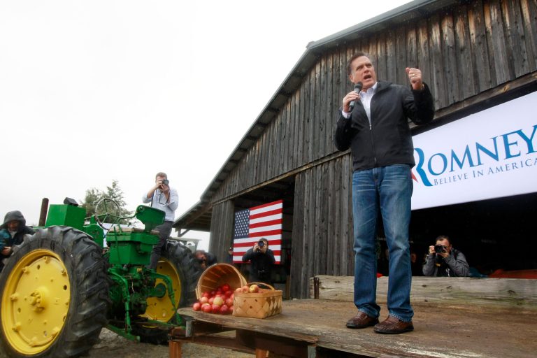   FILE - In this Jan. 20, 2012, file photo, Republican presidential candidate, former Massachusetts Gov. Mitt Romney campaigns at Harmon Tree Farm in Gilbert, S.C. Romney tells voters in small towns that he planted alfalfa on his uncleâs farm as a teenager. And President Barack Obama doesnât hesitate to remind people in such far-flung places that his mother grew up in Kansas. So go the nostalgic pitches as each of the presidential candidates tries to connect with rural voters, and convince them that only he can jump start a struggling economy. (AP Photo/Charles Dharapak, File)  