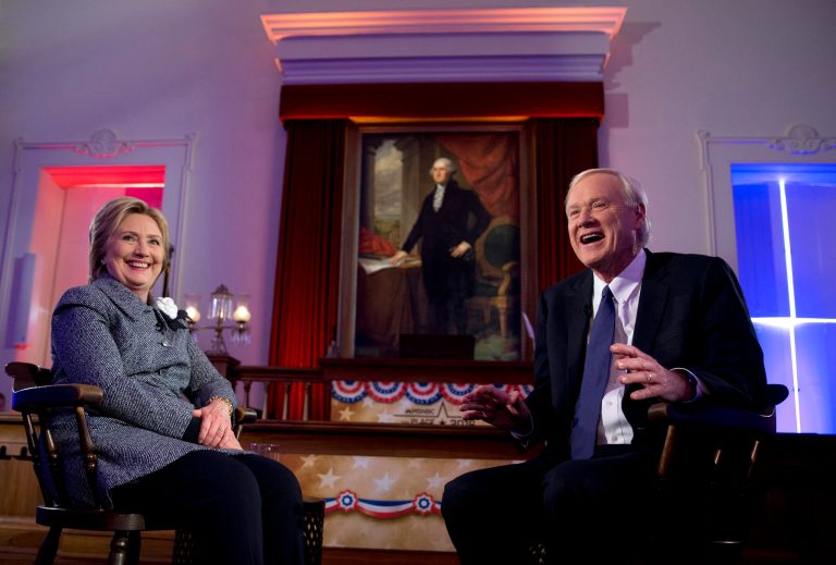 Democratic presidential candidate Hillary Clinton and Chris Matthews are photographed during a break in taping of Town Hall with Chris Matthews "Hardball" for MSNBC, at the Old State Capitol in Springfield, Ill, Monday, March 14, 2016. (AP Photo/Carolyn Kaster)