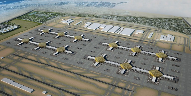 This artist's rendering made available by Dubai Airports today shows the new designs of the Al Maktoum International Airport, in Dubai, United Arab Emirates. The first phase of the expansion alone aims to build enough runway and terminal space to handle 120 million passengers a year and 100 of the double-decker Airbus A380 jets at any given time. (AP Photo/Dubai Airports)