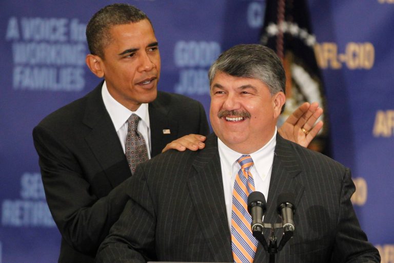 President Obama stands with AFL-CIO President Richard Trumka after he spoke about jobs and the economy at the AFL-CIO Executive Council on Aug. 4, 2010. The Supreme Court is poised to deliver two potential big blows to organized labor.ÃÂ One could undermine much of what President Obama has done for unions, and the other could prohibit one of labor's main organizing tactics.ÃÂ (AP Photo/Charles Dharapak)