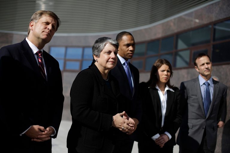 Former Homeland Security Secretary Janet Napolitano, second from left, and current President of the University of California leading the U.S. delegation to the opening ceremony of the 2014 Winter Olympics, attends a news conference with fellow delegates, from left, U.S. Ambassador to Russia Michael McFaul, Assistant to the President and Deputy Chief of Staff for Policy Robert Nabors, former U.S. hockey player Caitlin Cahow and Olympic gold medal figure skater Brian Boitano, Friday, Feb. 7, 2014, in Sochi, Russia. (AP Photo/David Goldman)