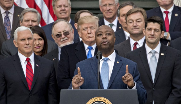 Sen. Tim Scott, R-S.C., speaks during a tax bill passage event with President Trump, and Republican congressional members of the House and Senate on the South Lawn of the White House. (Andrew Harrer/Bloomberg)
