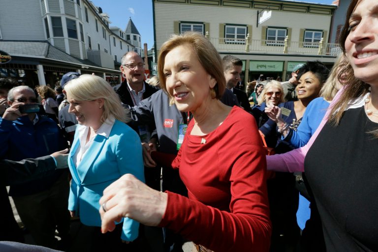 Republican presidential candidate Carly Fiorina greets supporters as she arrives for the 2016 Mackinac Republican Leadership Conference, Saturday. (AP Photo/Carlos Osorio)