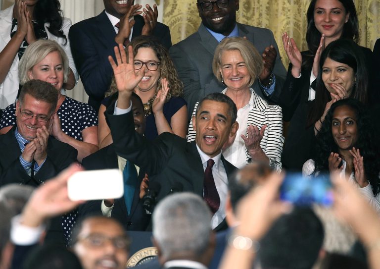 President Barack Obama waves after speaking to entrepreneurs during the first annual White House Demo day event August 4, 2015 in Washington, D.C. (Photo by Mark Wilson/Getty Images)