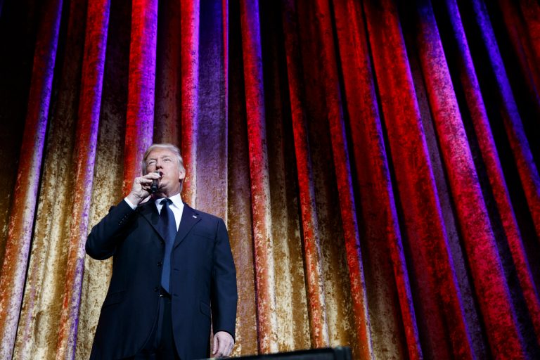 President-elect Donald Trump speaks during the presidential inaugural Chairman's Global Dinner, Tuesday, Jan. 17, 2017, in Washington. (AP Photo/Evan Vucci)