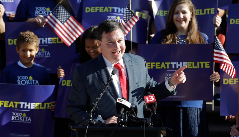 Indiana Rep. Todd Rokita is entering the Republican Senate primary in an effort to unseat Sen. Joe Donnelly. But with six candidates involved, the primary is quickly becoming very brutal. (AP Photo/Darron Cummings)