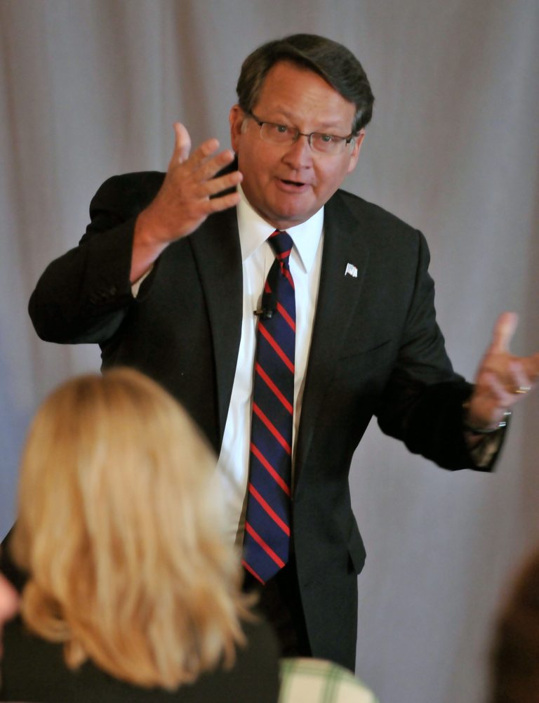 U.S. Representative Gary Peters (D-Bloomfield Township) talks during a Political Action Committee reception Wednesday, May 28, 2014,  at the 2014 Mackinac Policy Conference at the Grand Hotel on Mackinac Island, Mich. Peters and his Republican opponent Terri Lynn Land separately spoke to the group.(AP Photo/The Detroit News, John L. Russell)     DETROIT FREE PRESS OUT; HUFFINGTON POST OUT