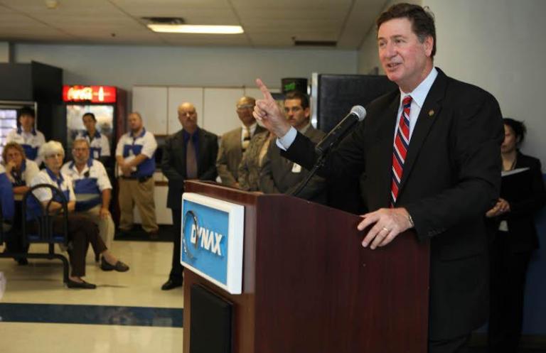 George Allen, former U.S. senator and Virginia governor, speed to employees of Dynax America, an auto parts manufacturing plant near Roanoke, Va., on Wednesday, Oct. 5, 2011. (AP Photo/The Roanoke Times, Stephanie Klein-Davis)