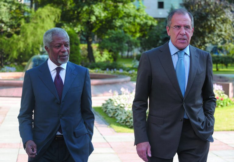 Russian Foreign Minister Sergey Lavrov, right, meets U.N. special envoy Kofi Annan, in Moscow, Russia, Monday, July 16, 2012. Annan arrived to Moscow to discuss the Syria crisis with Russian leaders. (AP Photo, Pool)