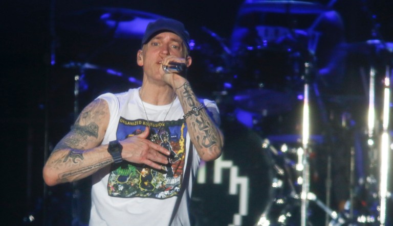 Eminem's rap was played on a video Tuesday night at the BET Hip Hop Awards and featured the often controversial artist criticizing President Trump on nearly every front. (Photo by Jack Plunkett/Invision/AP)