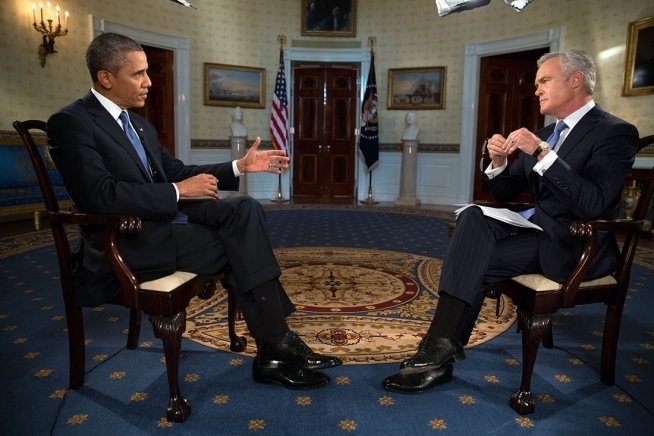 President Barack Obama participates in an interview with Scott Pelley, anchor of CBS's 