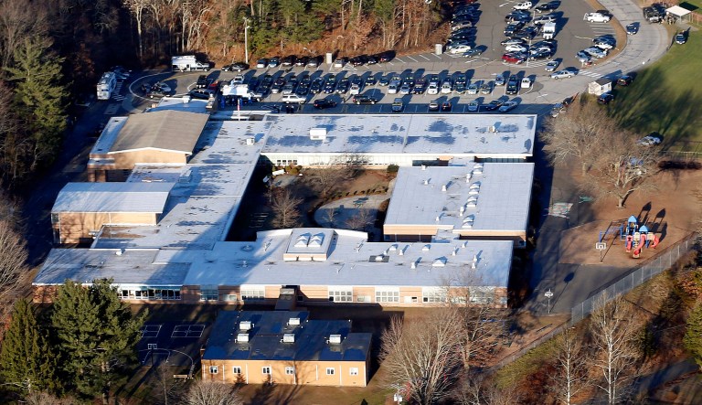 This Dec. 14, 2012 aerial file photo shows Sandy Hook Elementary School in Newtown, Conn. (AP Photo/Julio Cortez, File)