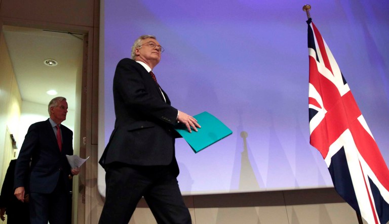 European Union chief Brexit negotiator Michel Barnier, left, and British Secretary of State for Exiting the European Union David Davis arrive for a media conference at EU headquarters in Brussels on Friday, Nov. 10, 2017. The EU and Britain conducted a sixth round of Brexit negotiations on Friday. (AP Photo/Virginia Mayo)