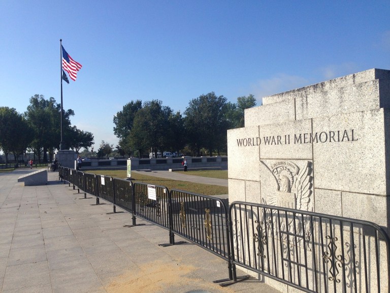 New barricades were set up at the World War II memorial in Washington, D.C., on Monday, a day after protesting veterans tore down the previously positioned obstacles and delivered them to the White House. (Photo: Charlie Spiering/for the Washington Examiner)