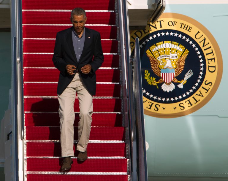 President Obama walks down the stairs of Air Force One upon arrival at Andrews Air Force Base, Md., Monday. (AP Photo/Jose Luis Magana)