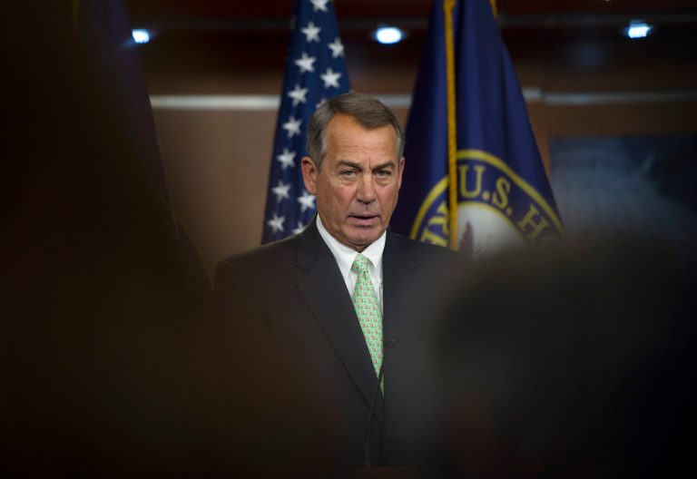 House Speaker John Boehner of Ohio speaks during a news conference on Capitol Hill in Washington, Thursday, Feb. 12, 2015. (AP Photo/Molly Riley)