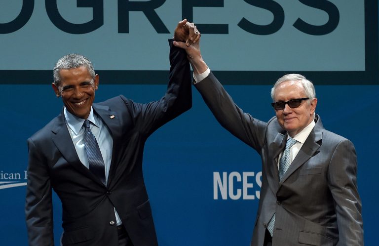 President Barack Obama and Senate Minority Leader Harry Reid Â gesture after Obama delivered the keynote address at the National Clean Energy Summit 8.0 at the Mandalay Bay Convention Center on August 24, 2015 in Las Vegas, Nev. (Photo by Ethan Miller/Getty Images)